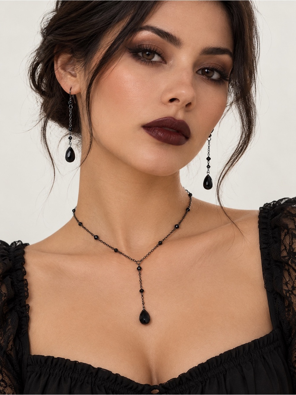 Black Teardrop Lariat Necklace and Earrings Set